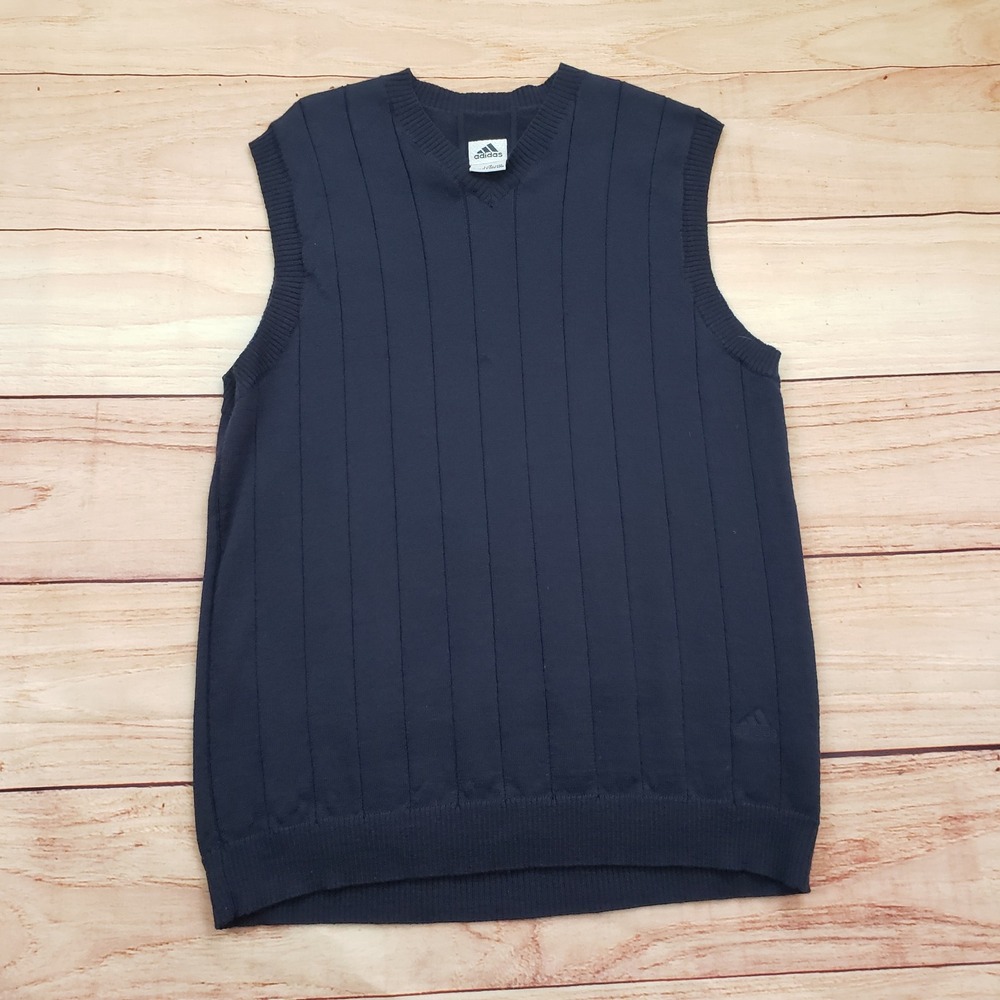 VINTAGE AdidasSweater Vest Mens Large Navy Blue V Neck Knit Sleeveless Ribbed